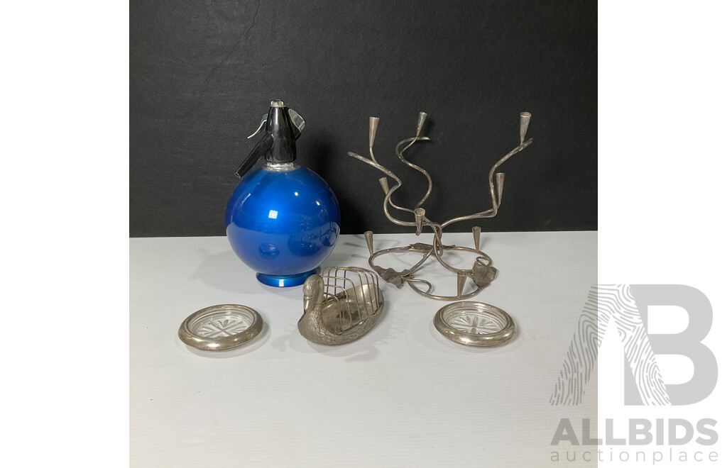 Collection of Sundries Includes Sparklets Globemaster Soda Syphon, Glass Coasters, Sliver-plated Candle Stick Holder and Swan Toast Rack