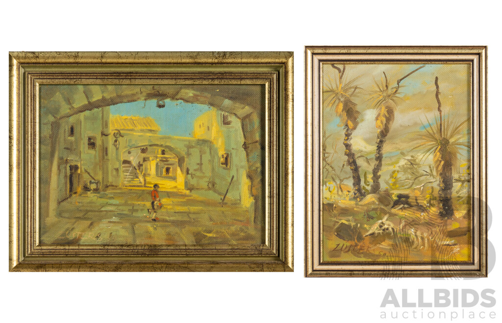 Reinis Zusters OAM (20th Century, Latvian-Born Australian, 1919-1999), Landscape - Outback Grass Trees (1950) & Italian Village Stroll (1949), Wonderful Pair Mid-Century Original Oils, 33H x 43W cm (largest frame) (2)