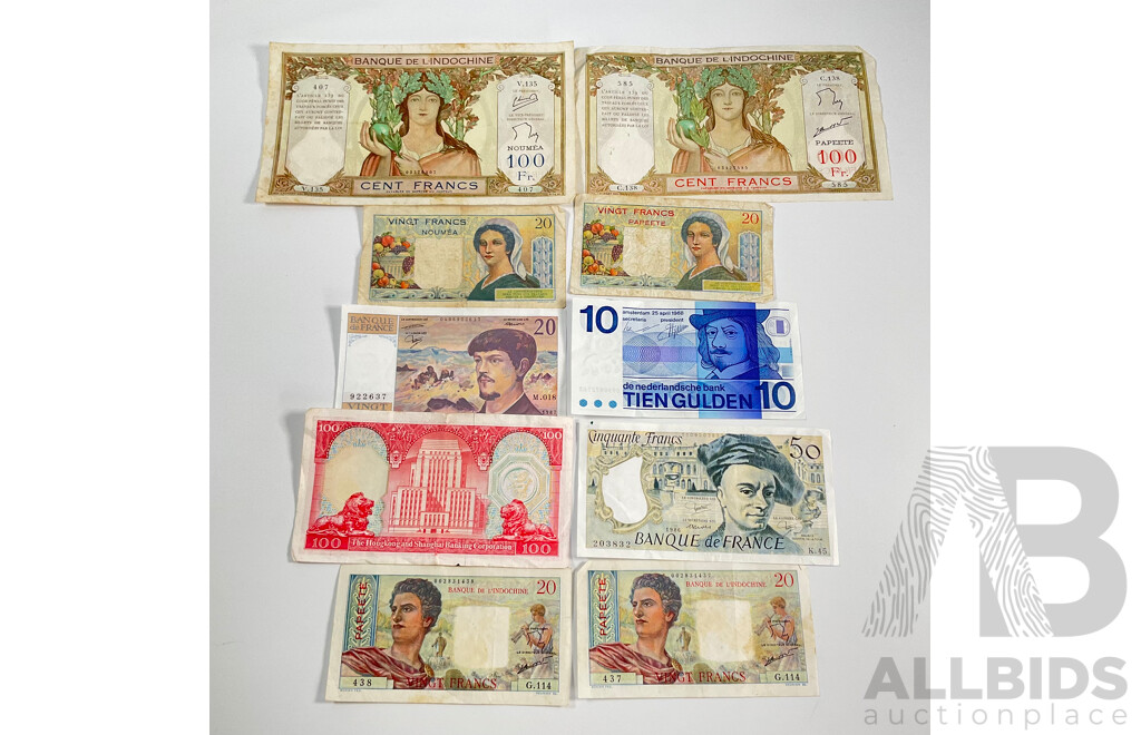 Collection of Vintage Banknotes Including France, Tahiti, Netherlands, Hong Kong, Noumea