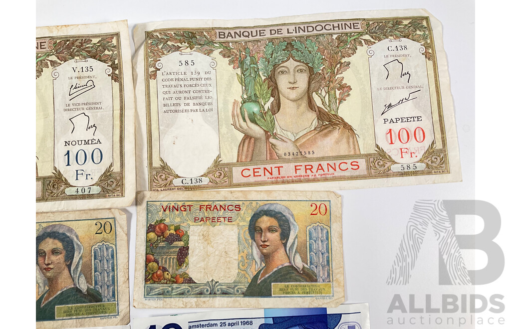 Collection of Vintage Banknotes Including France, Tahiti, Netherlands, Hong Kong, Noumea