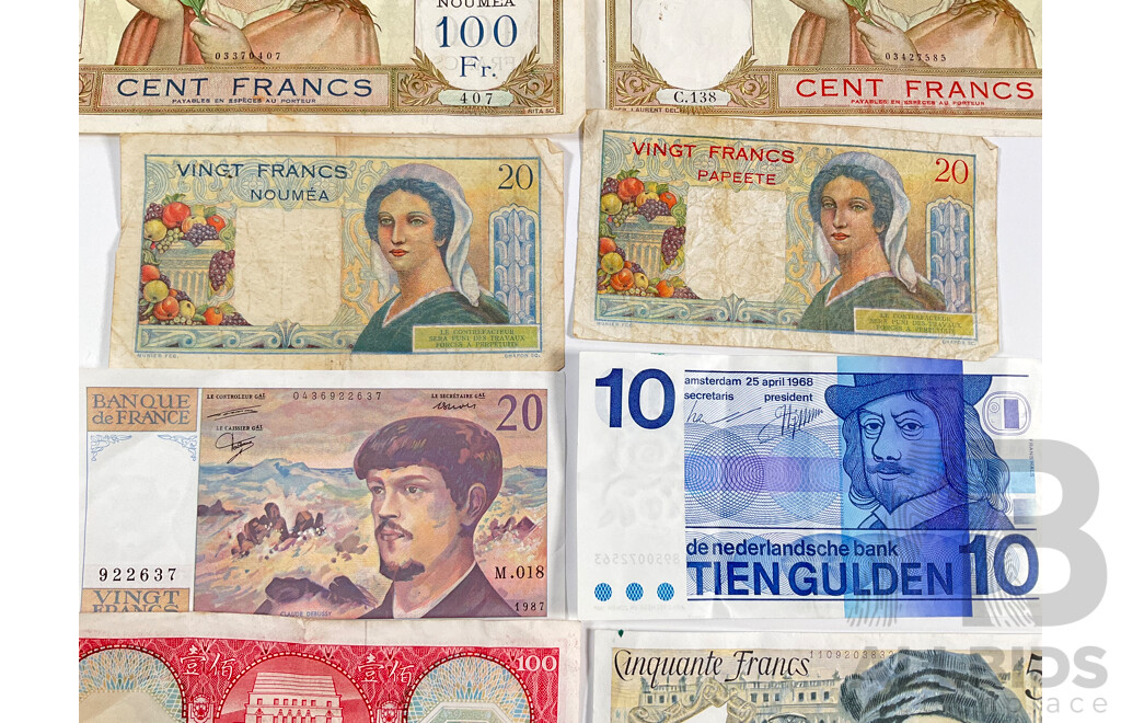 Collection of Vintage Banknotes Including France, Tahiti, Netherlands, Hong Kong, Noumea