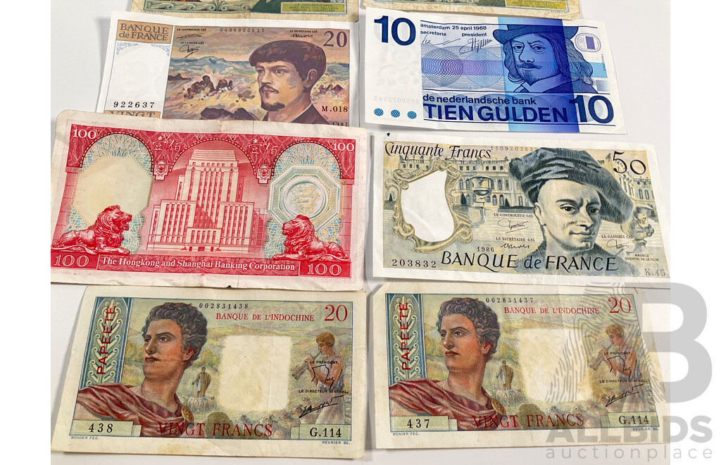 Collection of Vintage Banknotes Including France, Tahiti, Netherlands, Hong Kong, Noumea