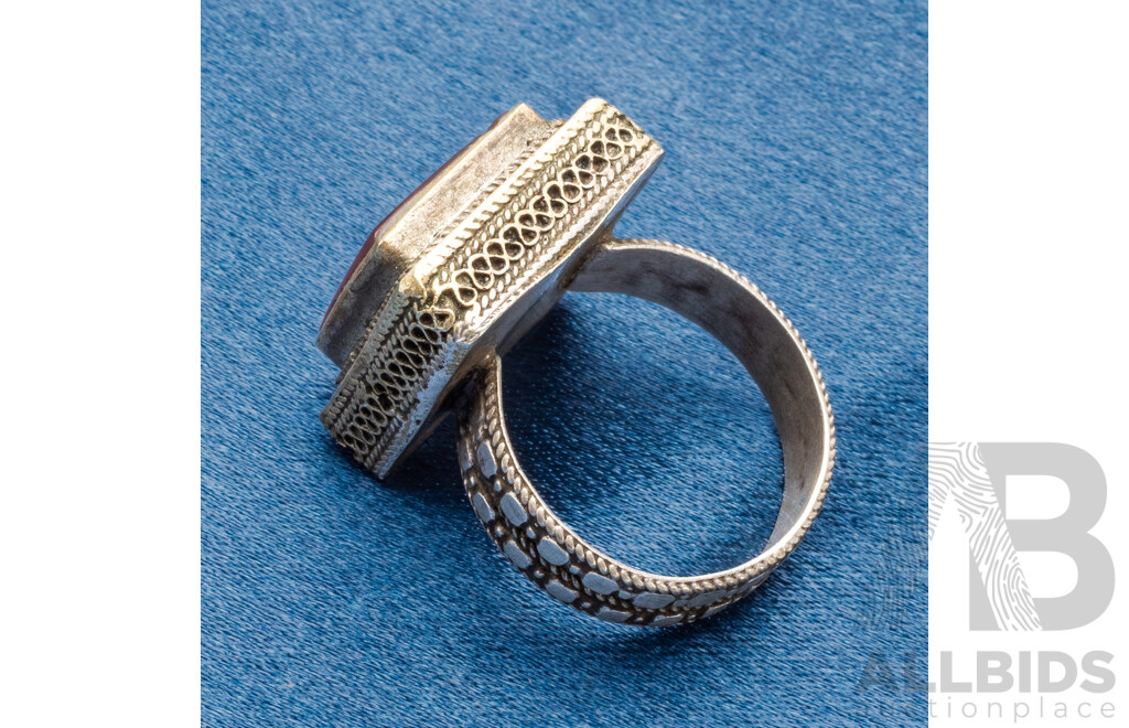 Vintage Silver Plated Arabic Inscribed Carnelian Seal Ring - Size S