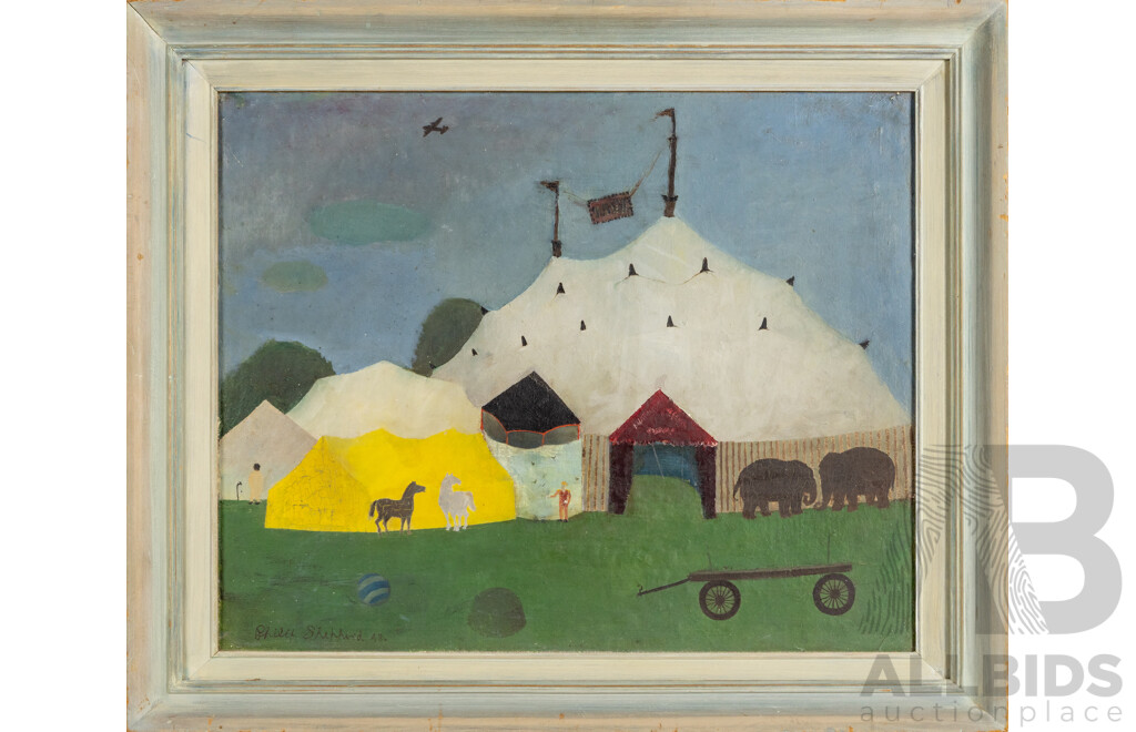 Philip Shepherd (20th Century, Australian, 1929-1994), Circus Comes to Town, Wonderful Original Vintage Oil on Board, 52 x 62 cm (frame)