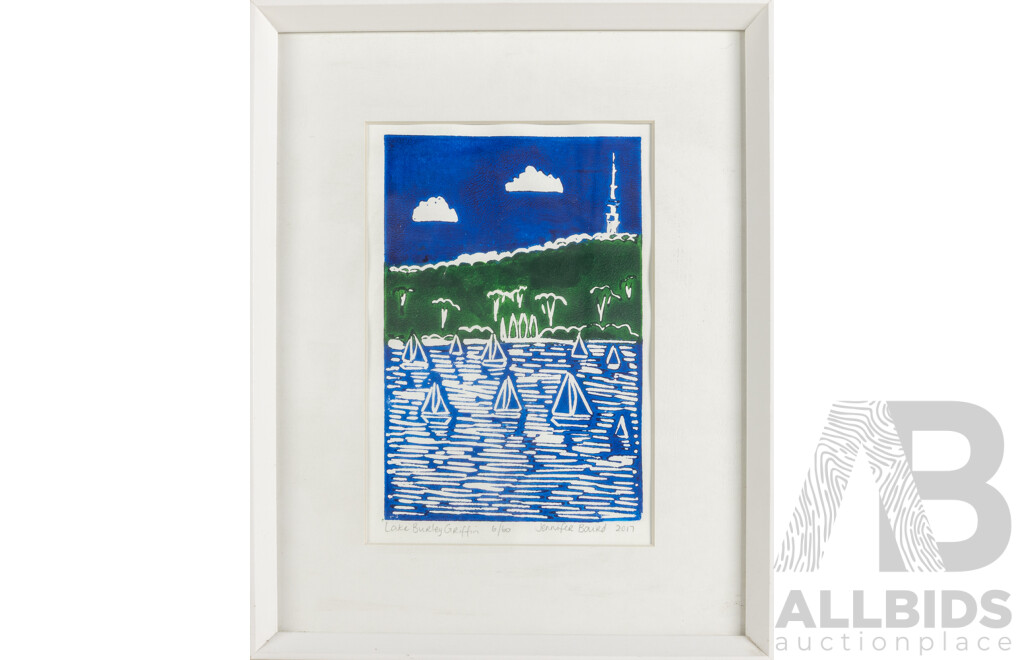 Jennifer Baird, (20th Century, Australian), Lake Burley Griffin (2017), Wonderful Editioned & Signed Original Hand Coloured Lino Print, 37 x 30 cm (frame)
