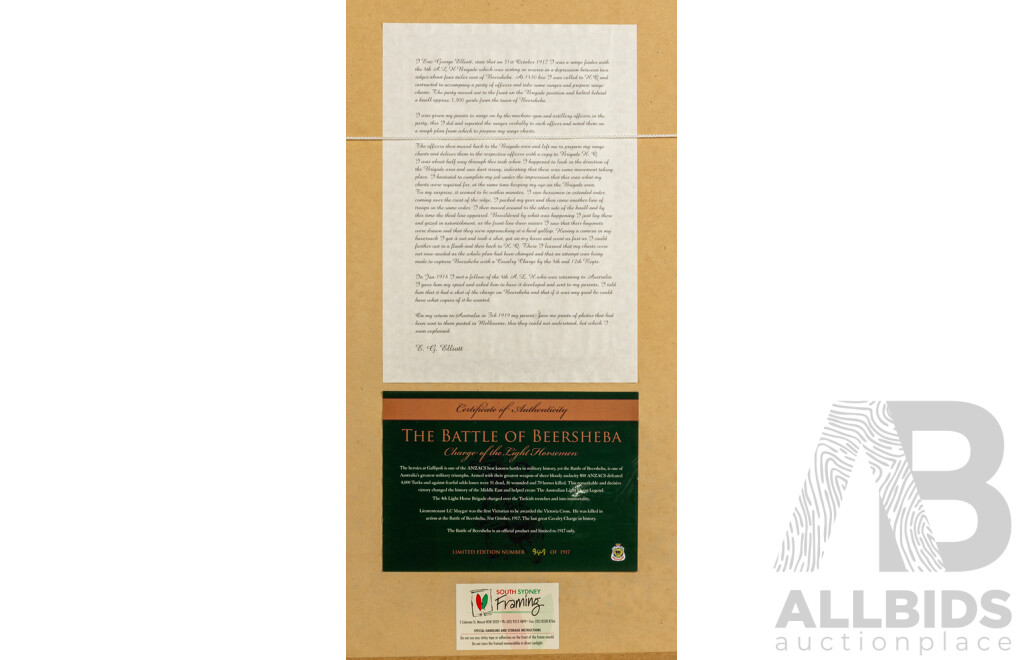 Framed 'Charge of the Light Horsemen the Battle of Beersheba'