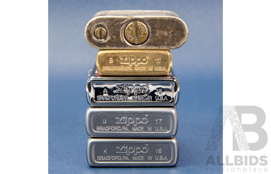 Collection of Four Zippo Flint Lighters and an Arlington