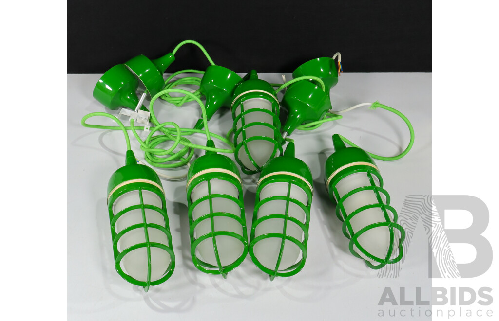 5 Matching Caged Green Industrial Style Wall Passage Lights