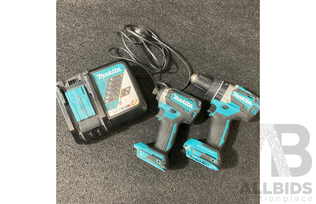 MAKITA 18V Brushless Combo Kit- Hammer Drill (DHP484), Impact Driver (DTD153) and Battery Charger (DC18RC) - Lot of 3