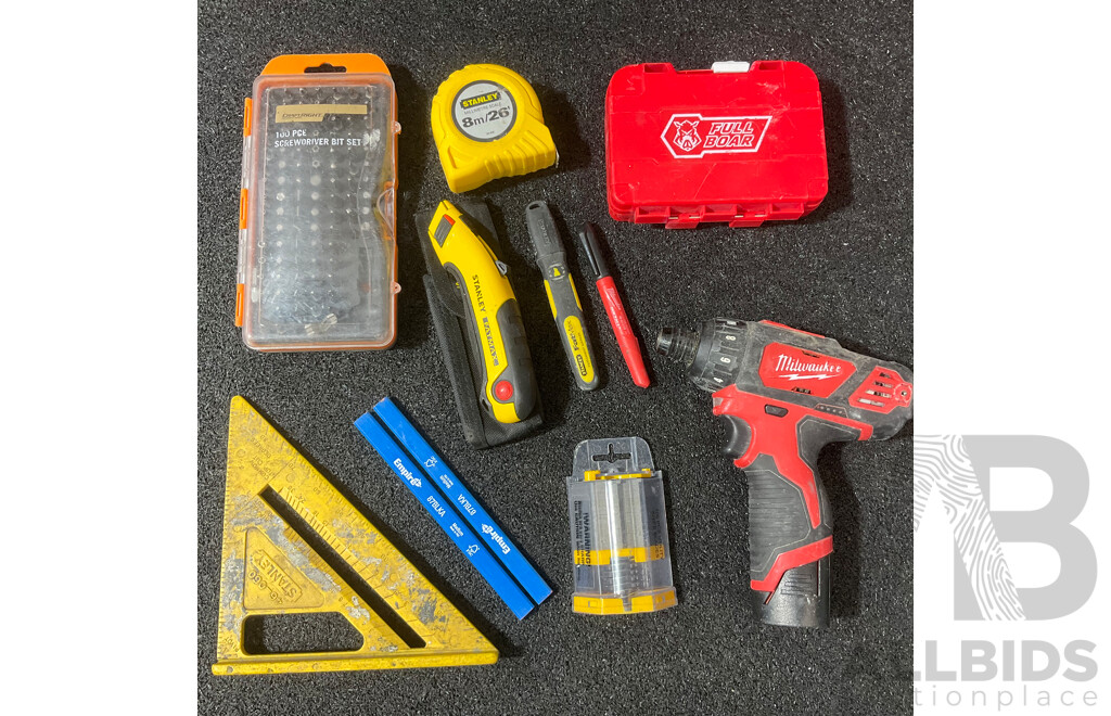 MILWAUKEE 12V Drill Driver (M12BD), FULLBOARD and Craftright  Bit Sets and STANLEY Tools - Lot of 10
