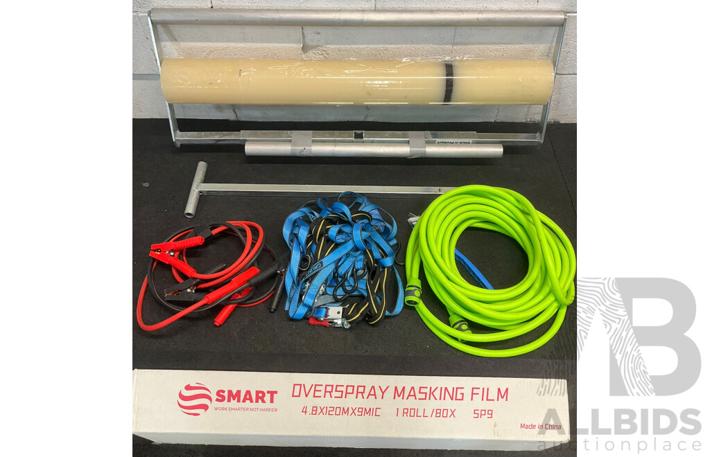 Clear Protective Self-adhering Plastic Film, SMART Overspray Masking Film, Green Hose, Assorted Ratchet Straps and Jumper Cables - Lot of 5