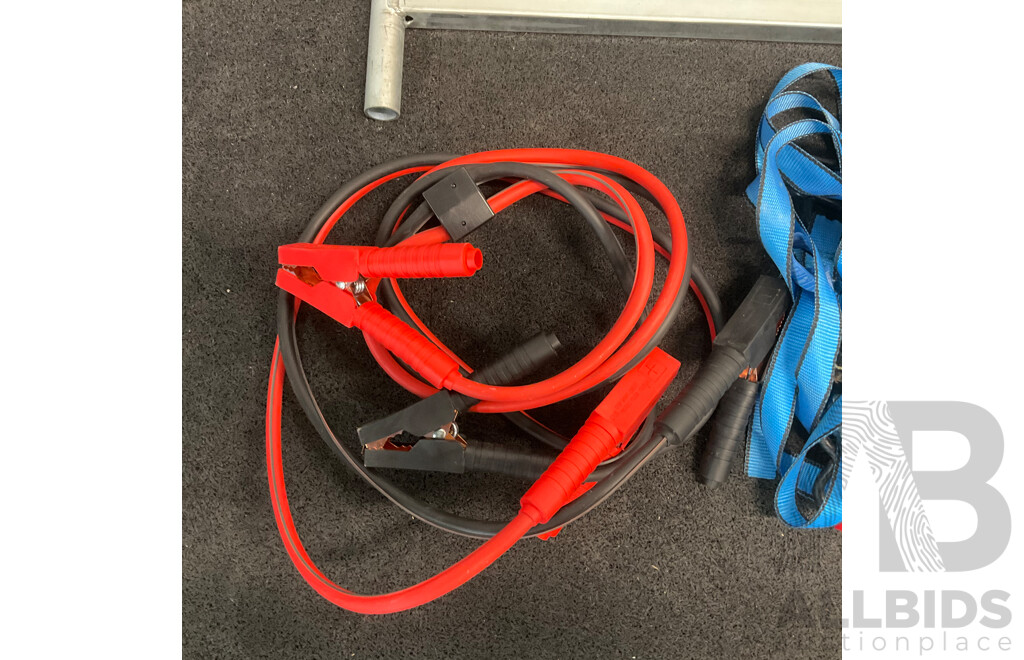 Clear Protective Self-adhering Plastic Film, SMART Overspray Masking Film, Green Hose, Assorted Ratchet Straps and Jumper Cables - Lot of 5