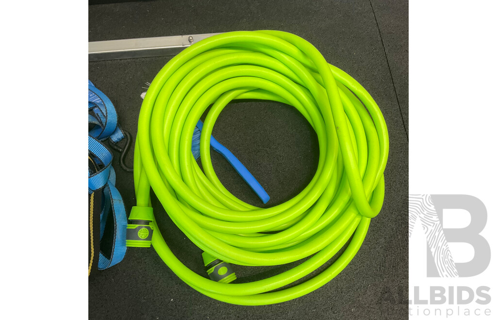 Clear Protective Self-adhering Plastic Film, SMART Overspray Masking Film, Green Hose, Assorted Ratchet Straps and Jumper Cables - Lot of 5