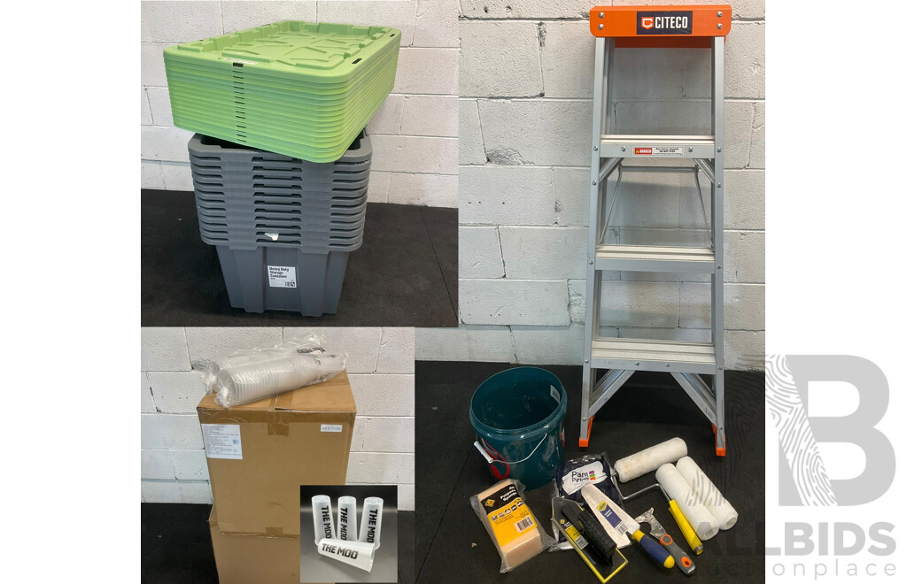 Assorted Painting Accessories, Storage Boxes and Plastic Cups
