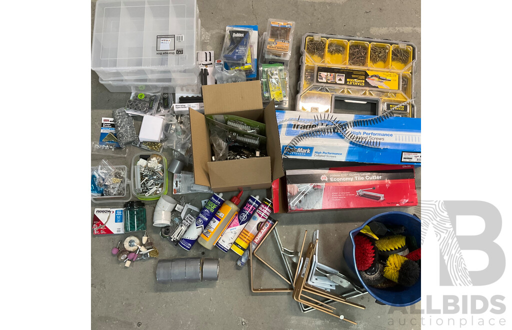 Assorted Hardware and Tools, Including Tile Cutter, Various Screws, Storage Boxes, Hinges, Handles, Polishing and Buffing Accessories and More