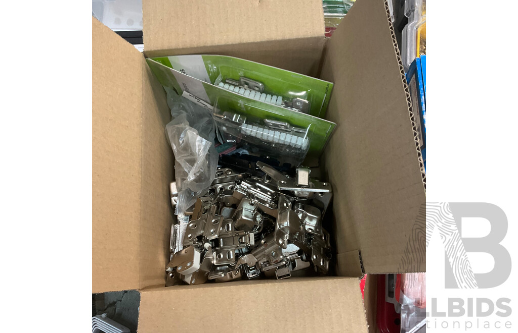 Assorted Hardware and Tools, Including Tile Cutter, Various Screws, Storage Boxes, Hinges, Handles, Polishing and Buffing Accessories and More