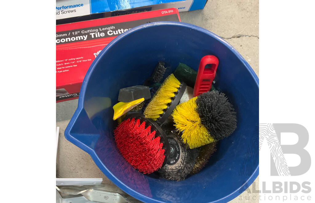 Assorted Hardware and Tools, Including Tile Cutter, Various Screws, Storage Boxes, Hinges, Handles, Polishing and Buffing Accessories and More