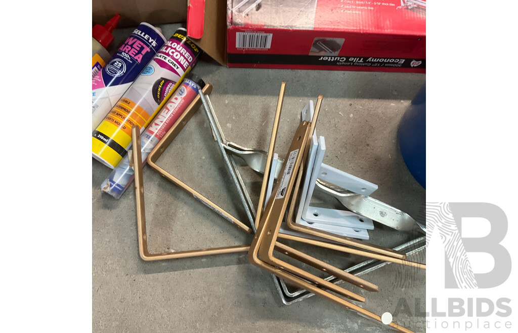 Assorted Hardware and Tools, Including Tile Cutter, Various Screws, Storage Boxes, Hinges, Handles, Polishing and Buffing Accessories and More