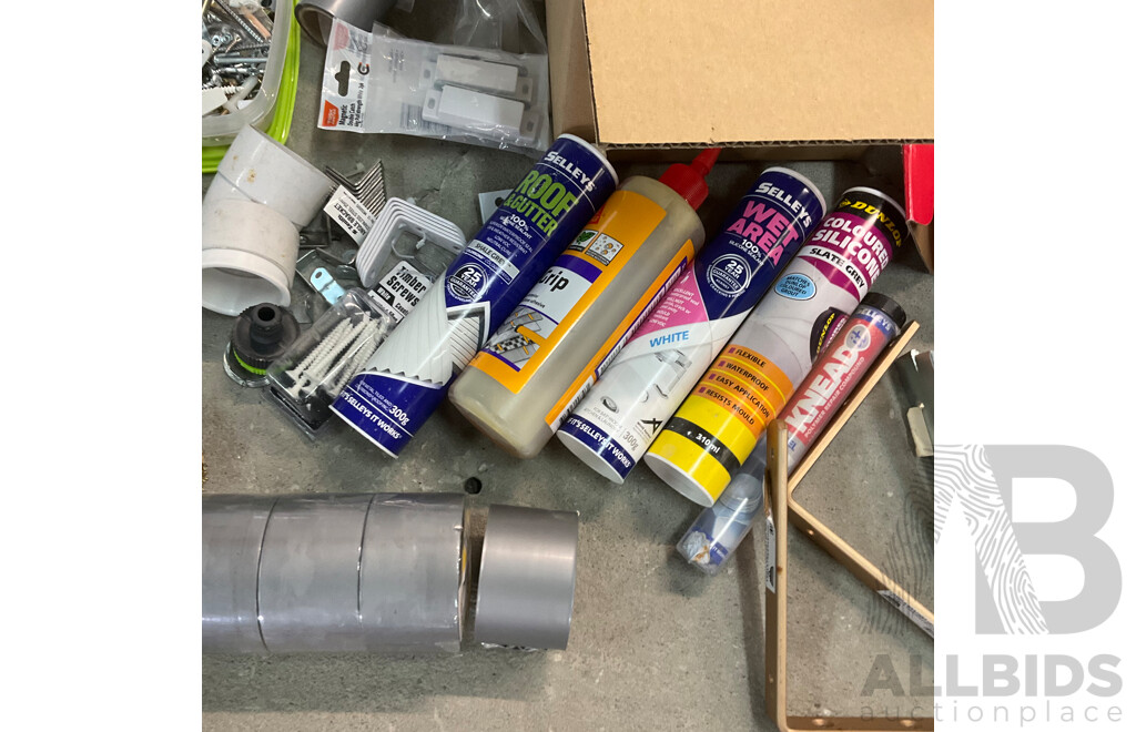 Assorted Hardware and Tools, Including Tile Cutter, Various Screws, Storage Boxes, Hinges, Handles, Polishing and Buffing Accessories and More