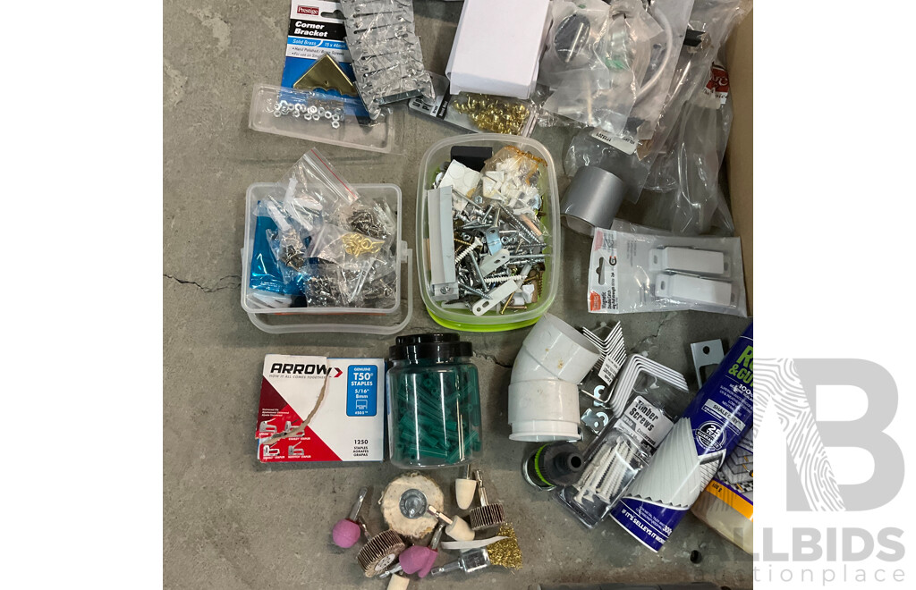 Assorted Hardware and Tools, Including Tile Cutter, Various Screws, Storage Boxes, Hinges, Handles, Polishing and Buffing Accessories and More