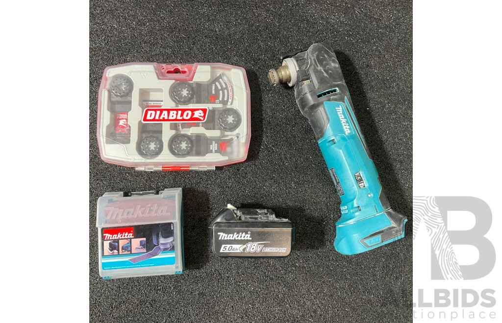 MAKITA 18V Multi-Tool (DTM51) with 5.0Ah Battery, DIABLO Blade Set and MAKITA Multi-Tool Kit - Lot of 4