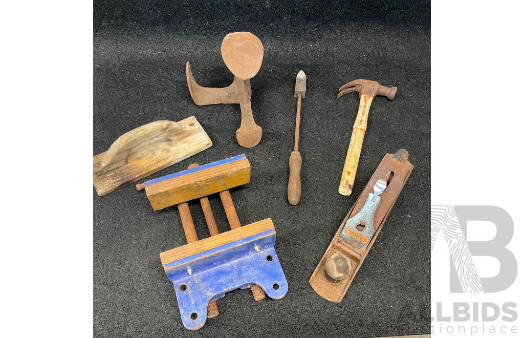 Mixed Vintage Hand Tool Lot - Stanley Hand Plane, Wood Clamp, Hammer, Trowel & More
