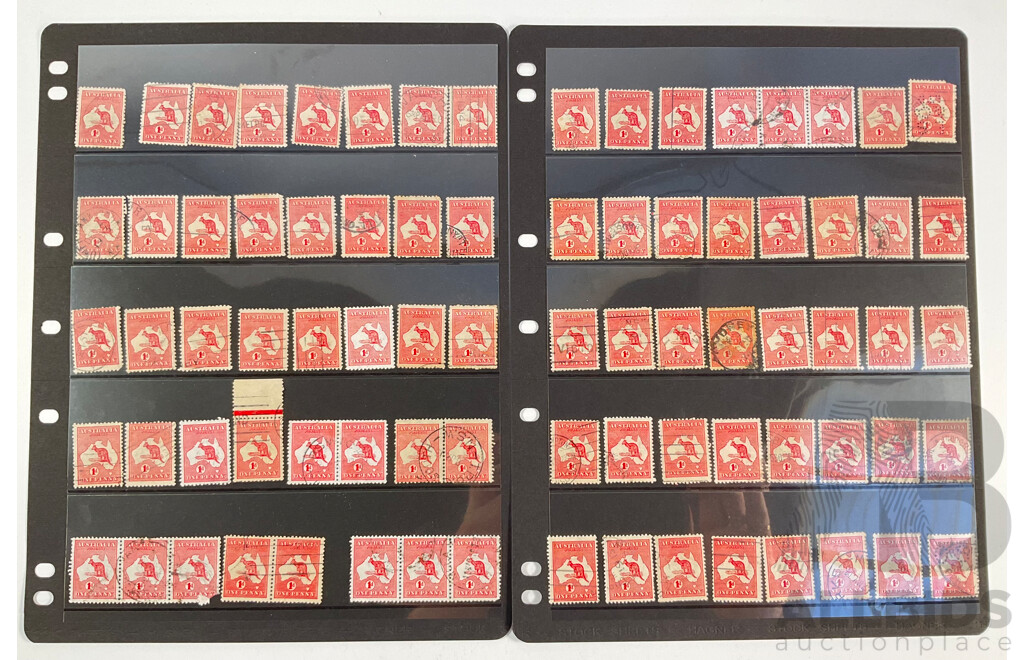 Collection of Australian 1910's Kangaroo and Map One Penny Stamps, Various Water Marks, Perforated ES & Co