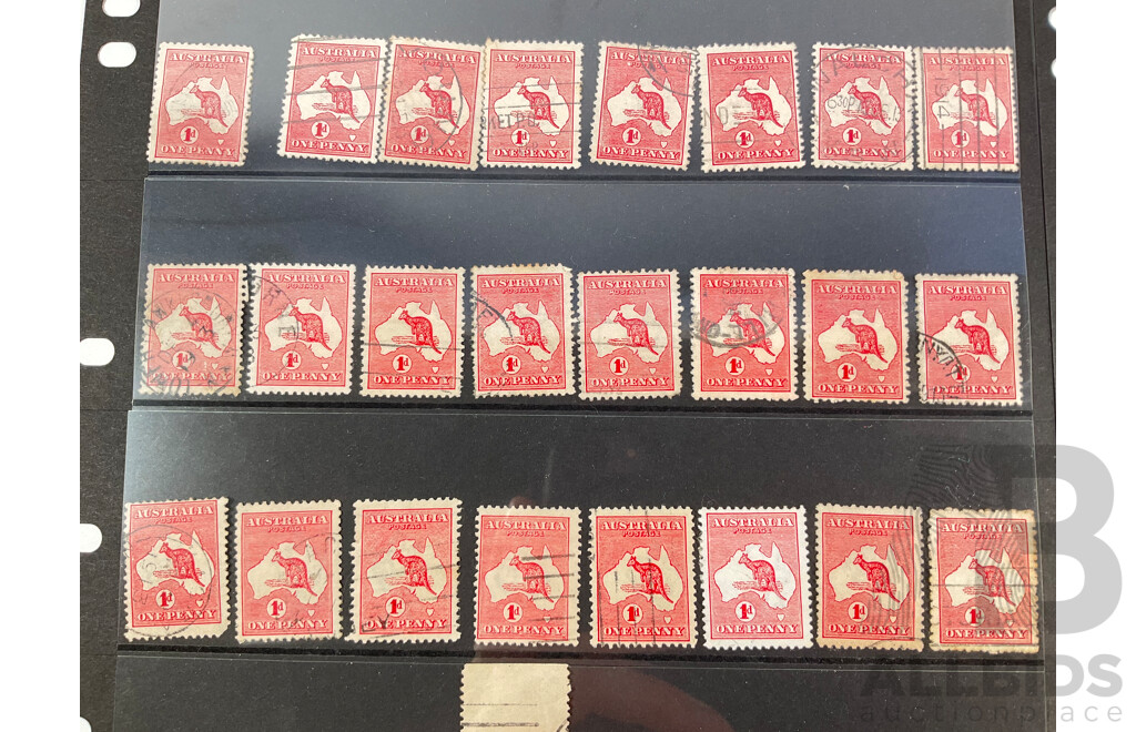 Collection of Australian 1910's Kangaroo and Map One Penny Stamps, Various Water Marks, Perforated ES & Co