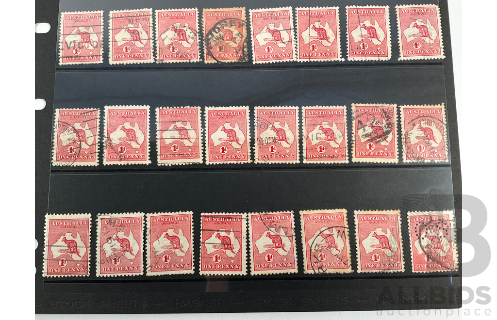Collection of Australian 1910's Kangaroo and Map One Penny Stamps, Various Water Marks, Perforated ES & Co