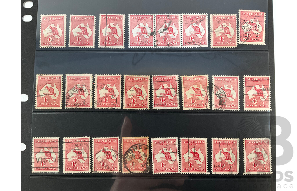 Collection of Australian 1910's Kangaroo and Map One Penny Stamps, Various Water Marks, Perforated ES & Co