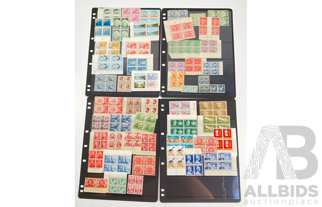 Collection of Australian Predecimal Mint Stamp Blocks Including John Ash ANZAC Commemoration, Peace 1945, KGVI, QE2, Churchill, Walter Burley Griffin, Melba, John Monash and More