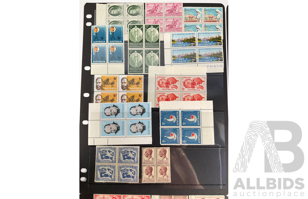 Collection of Australian Predecimal Mint Stamp Blocks Including John Ash ANZAC Commemoration, Peace 1945, KGVI, QE2, Churchill, Walter Burley Griffin, Melba, John Monash and More