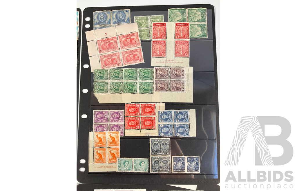 Collection of Australian Predecimal Mint Stamp Blocks Including John Ash ANZAC Commemoration, Peace 1945, KGVI, QE2, Churchill, Walter Burley Griffin, Melba, John Monash and More