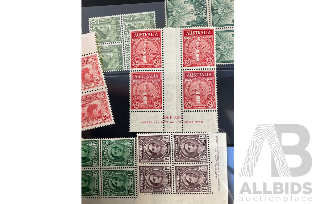 Collection of Australian Predecimal Mint Stamp Blocks Including John Ash ANZAC Commemoration, Peace 1945, KGVI, QE2, Churchill, Walter Burley Griffin, Melba, John Monash and More