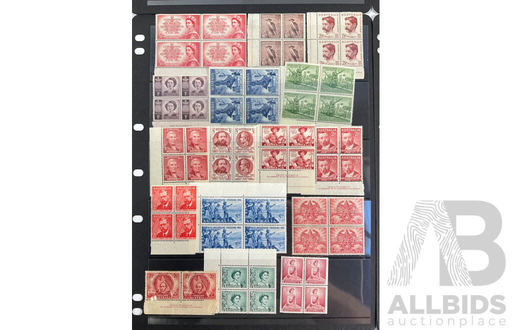 Collection of Australian Predecimal Mint Stamp Blocks Including John Ash ANZAC Commemoration, Peace 1945, KGVI, QE2, Churchill,  Walter Burley Griffin, Melba, John Monash and More
