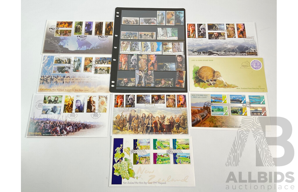 Collection of New Zealand 2001-2012 Lord of the Rings Mint Stamps and First Day Covers with 1997 Scenic Issue, Kiwi and Vineyards First Day Covers