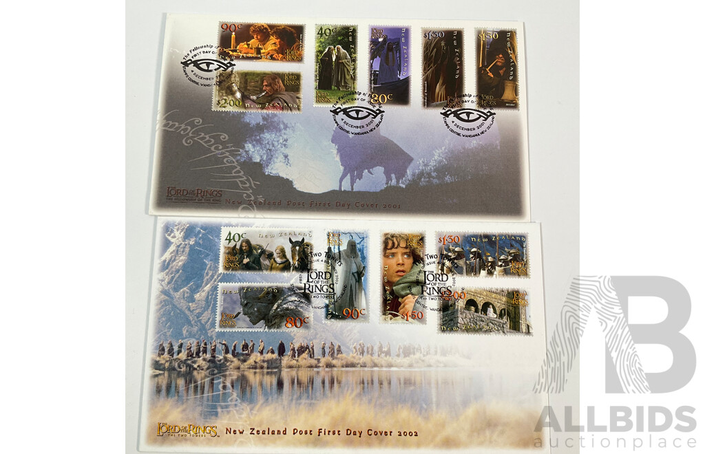 Collection of New Zealand 2001-2012 Lord of the Rings Mint Stamps and First Day Covers with 1997 Scenic Issue, Kiwi and Vineyards First Day Covers