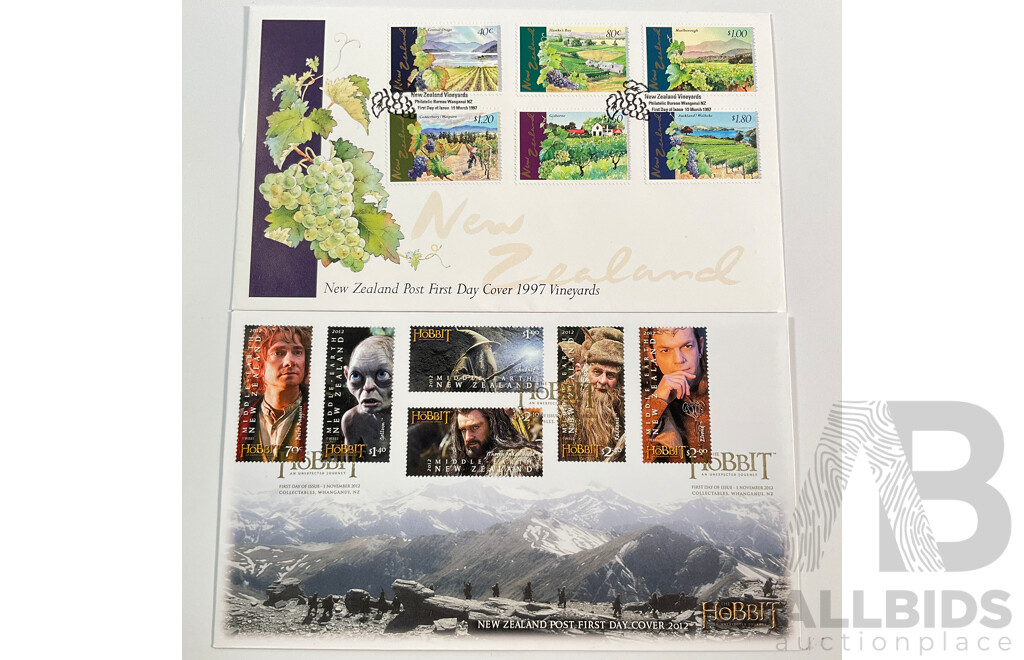 Collection of New Zealand 2001-2012 Lord of the Rings Mint Stamps and First Day Covers with 1997 Scenic Issue, Kiwi and Vineyards First Day Covers