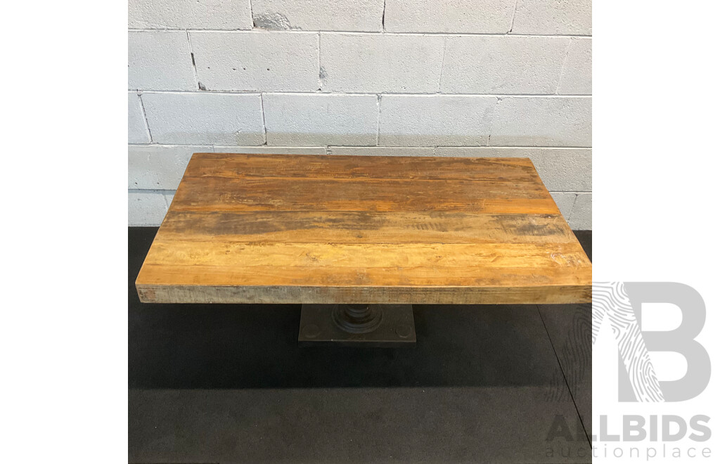Industrial Style Coffee Table Features a Rustic Reclaimed Wood Top Suppoted by Heavy Cast Iron Pedestal Base