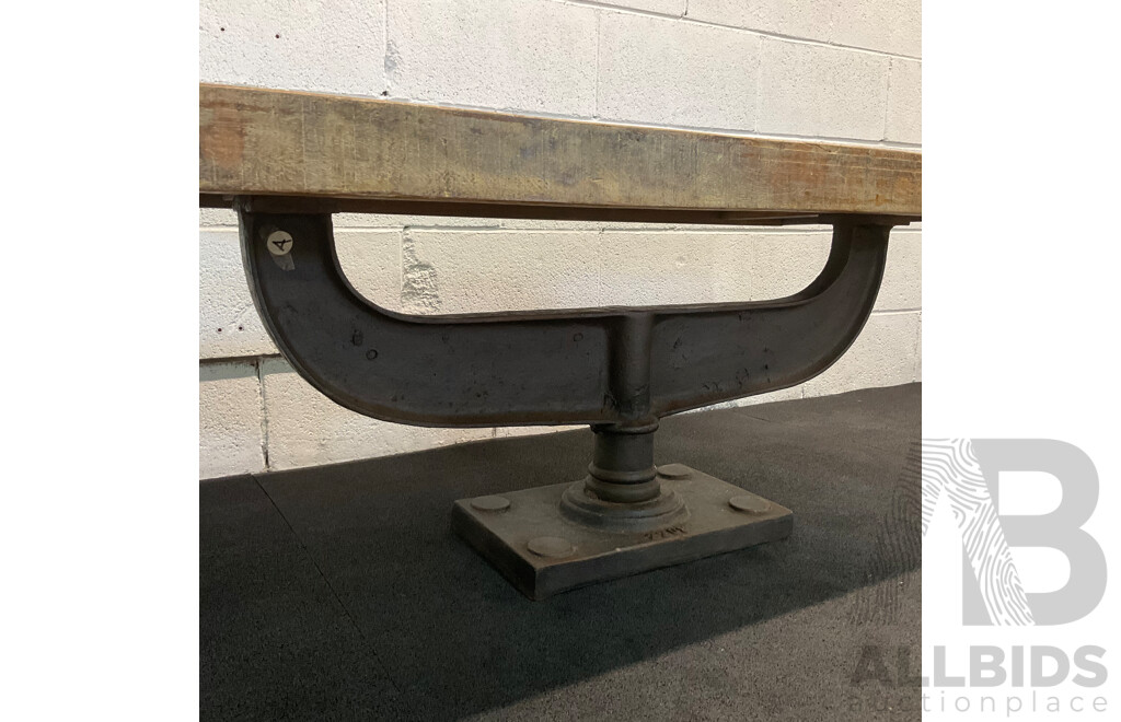 Industrial Style Coffee Table Features a Rustic Reclaimed Wood Top Suppoted by Heavy Cast Iron Pedestal Base