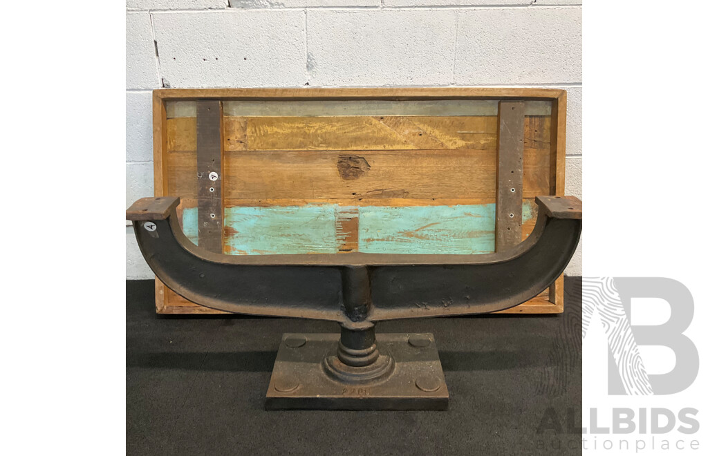 Industrial Style Coffee Table Features a Rustic Reclaimed Wood Top Suppoted by Heavy Cast Iron Pedestal Base