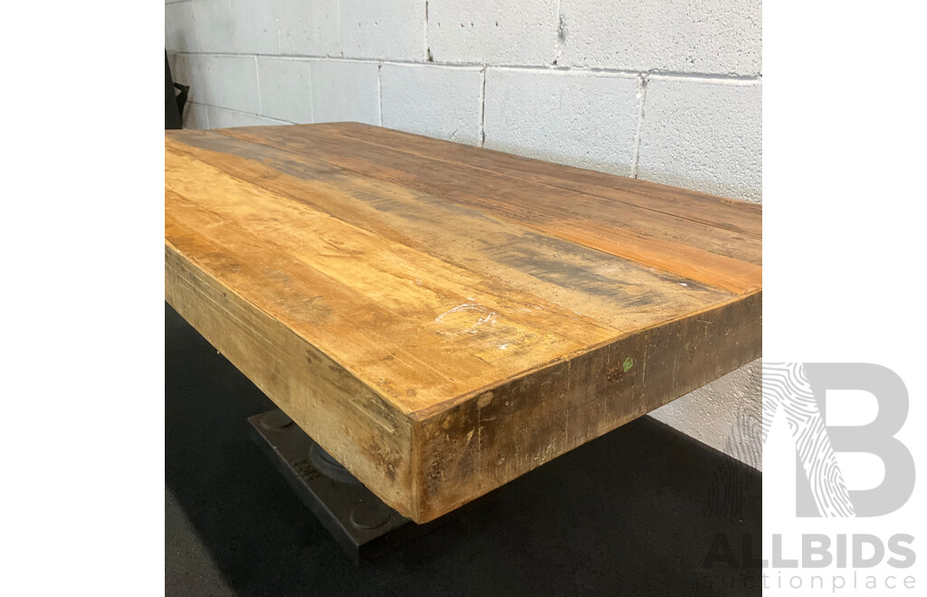 Industrial Style Coffee Table Features a Rustic Reclaimed Wood Top Suppoted by Heavy Cast Iron Pedestal Base