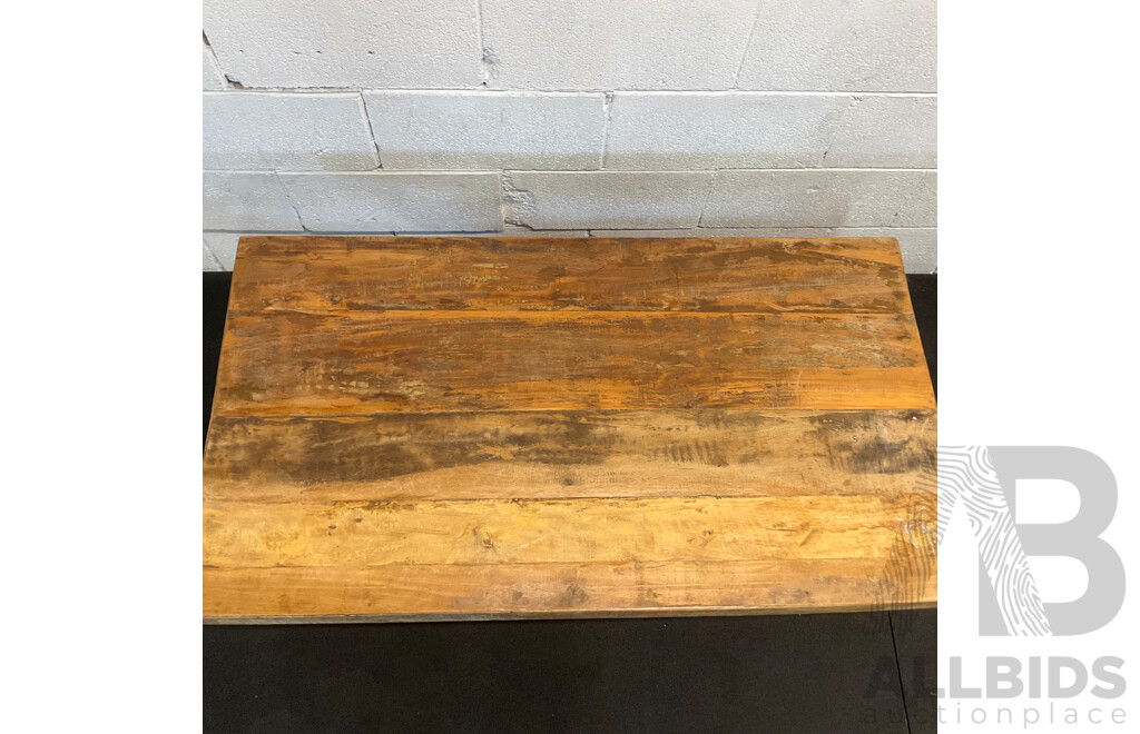Industrial Style Coffee Table Features a Rustic Reclaimed Wood Top Suppoted by Heavy Cast Iron Pedestal Base