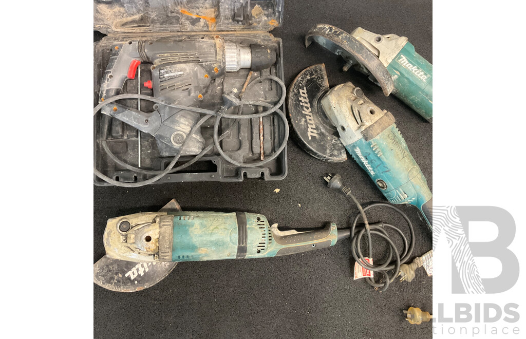 Assorted MAKITA Angle Grinders for Parts and OZITO Hammer Drill - Lot of 4