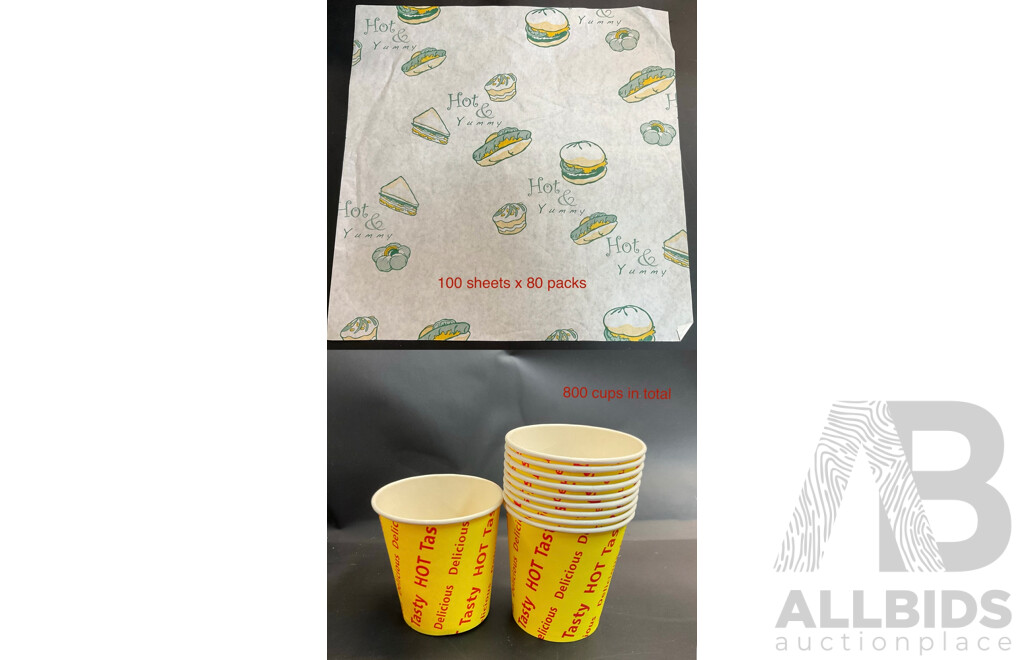 HOT Tasty Cups X 800 Cups & Pettern Paper Burger / Food Wrapper Pack 100 (305mmx305mm) - 80 Pack