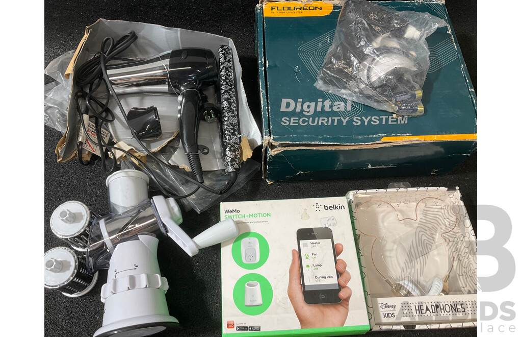 Assorted Homeware, Including BELKIN WeMo Switch, Floureon Security System, REMINGTON Hair Straightener and Dryer and More - Lot of 6