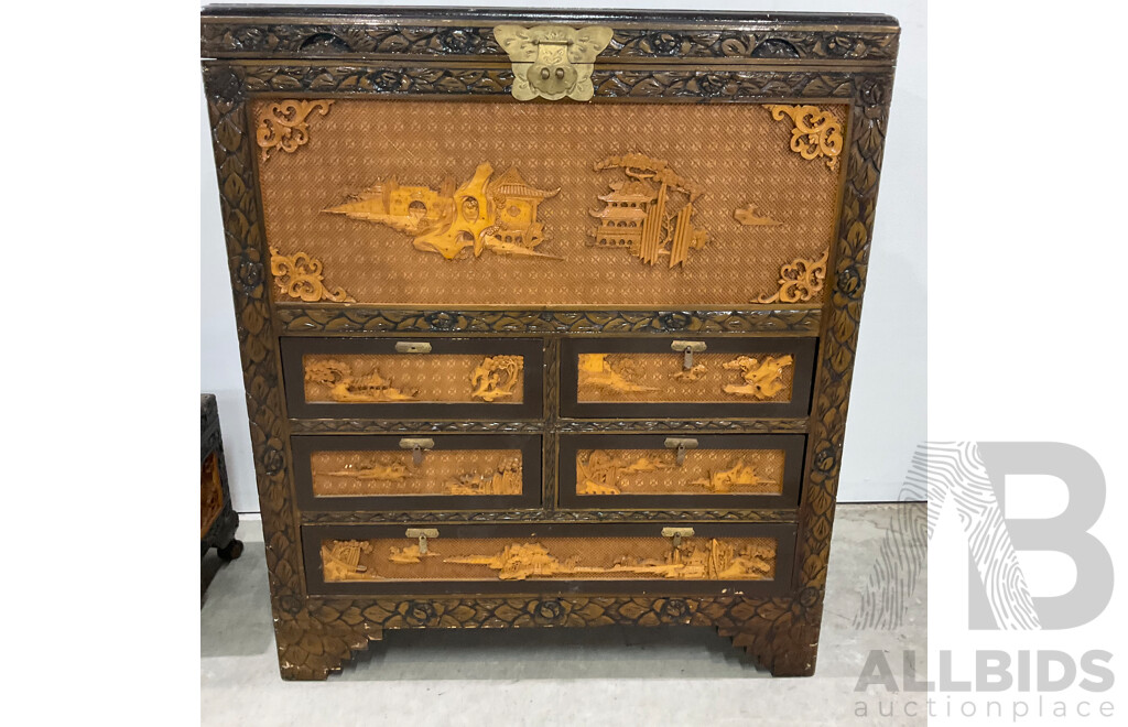 Vintage Chinese Carved Camphor Wood Cabinet with Chest