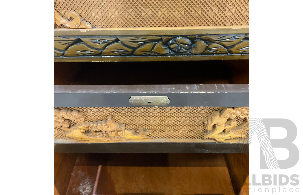 Vintage Chinese Carved Camphor Wood Cabinet with Chest