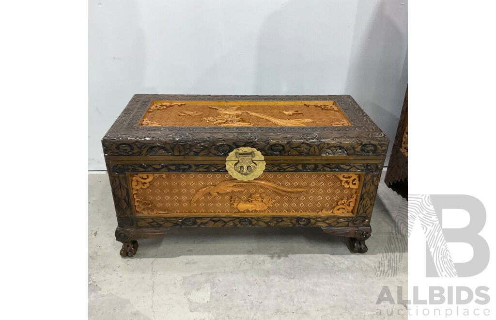 Vintage Chinese Carved Camphor Wood Cabinet with Chest
