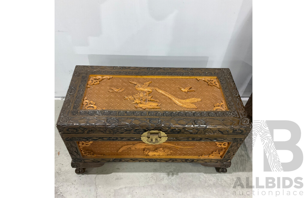 Vintage Chinese Carved Camphor Wood Cabinet with Chest